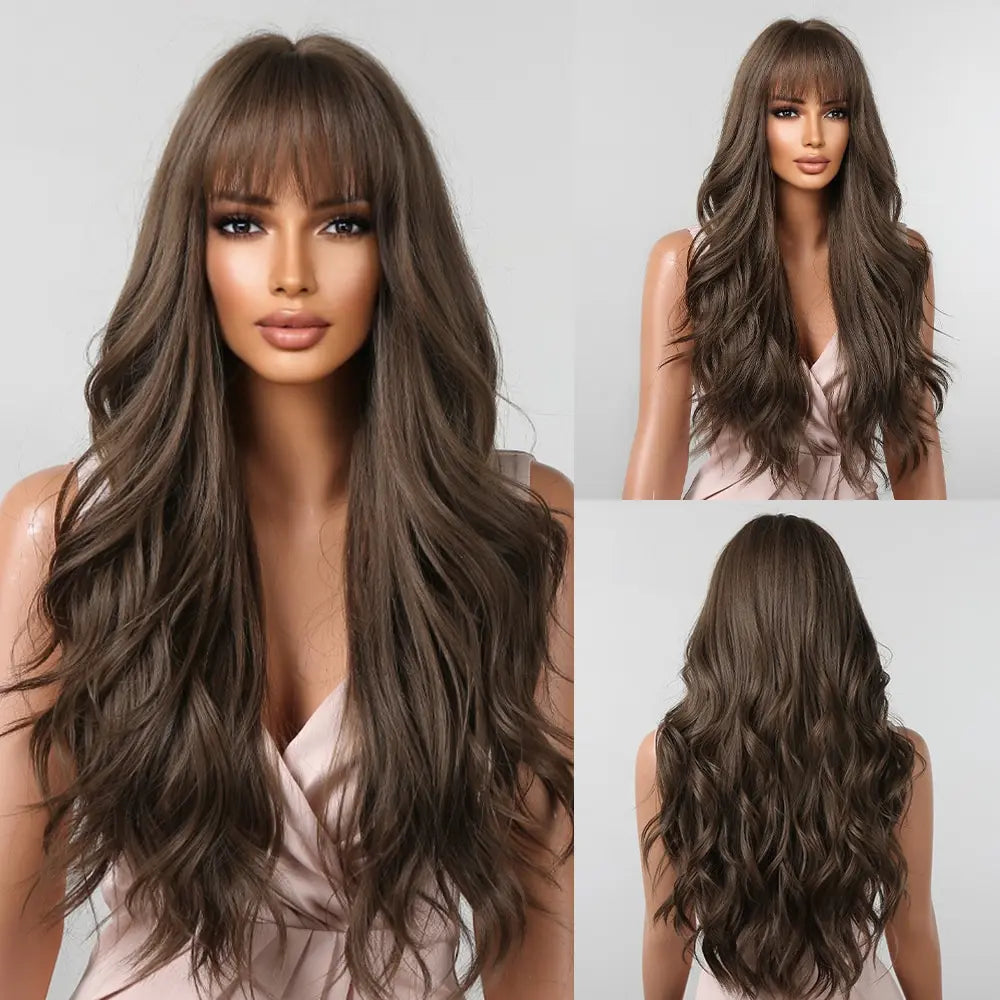 Brown Wavy Long Wig with Bangs – Heat Resistant Synthetic Daily & Cosplay Wig