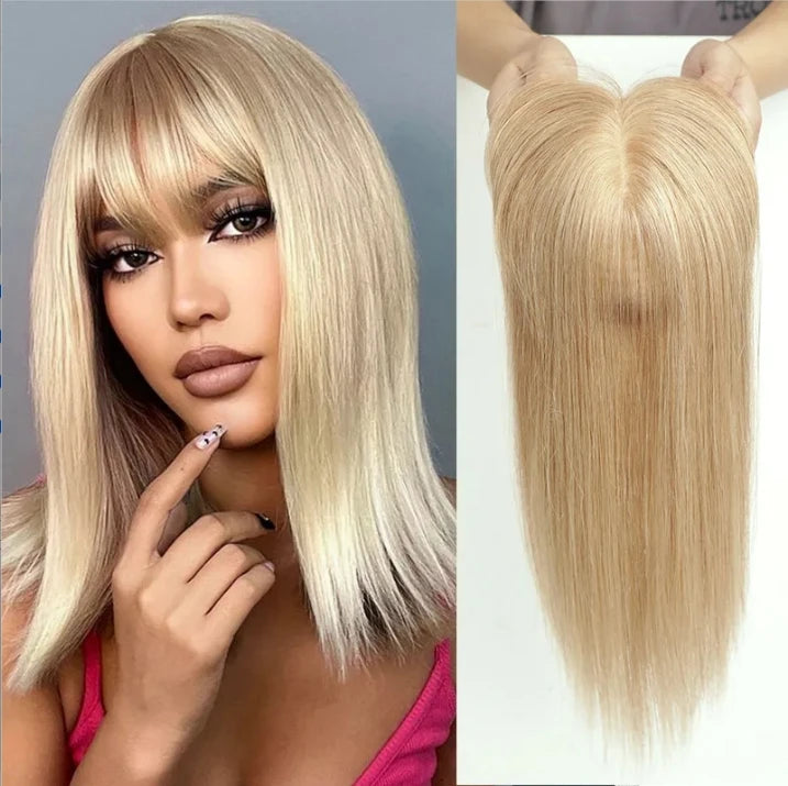 Light Brown Human Hair Topper with Bangs – 10" Silk Base Clip-In for Thinning Hair