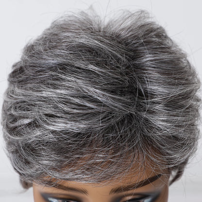 Short Pixie Cut Grey Human Hair Wig – 8” Layered Blend Wig with Bangs for Women