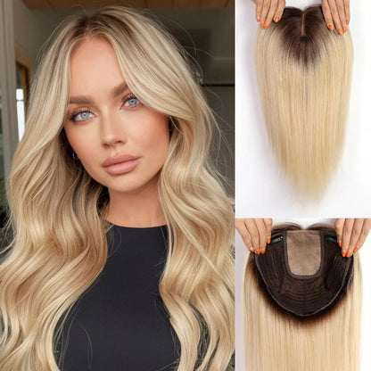 Ombre Light Blonde Human Hair Topper with Bangs – 16” Clip-In Straight Lace Base Topper
