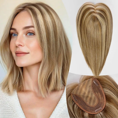 12” Mixed Blonde Human Hair Topper with Bangs – 360° Lace Base Clip-In for Women
