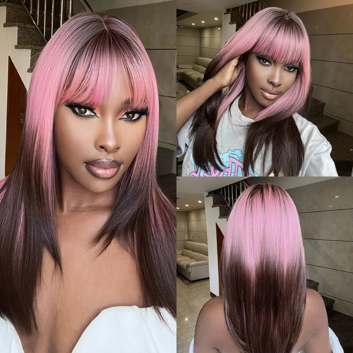 Wine Red Long Straight Wig with Bangs – Heat Resistant Synthetic Daily & Cosplay Wig