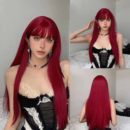 Wine Red Long Straight Wig with Bangs – Heat Resistant Synthetic Daily & Cosplay Wig