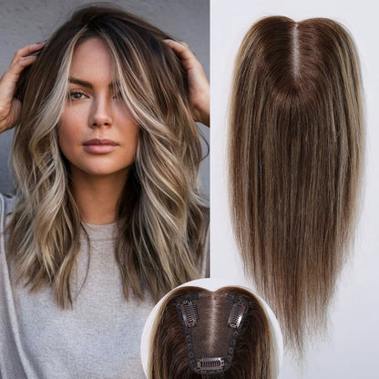 Brown Mixed Blonde Human Hair Topper – 12” Straight Lace Base Clip-In Hairpiece