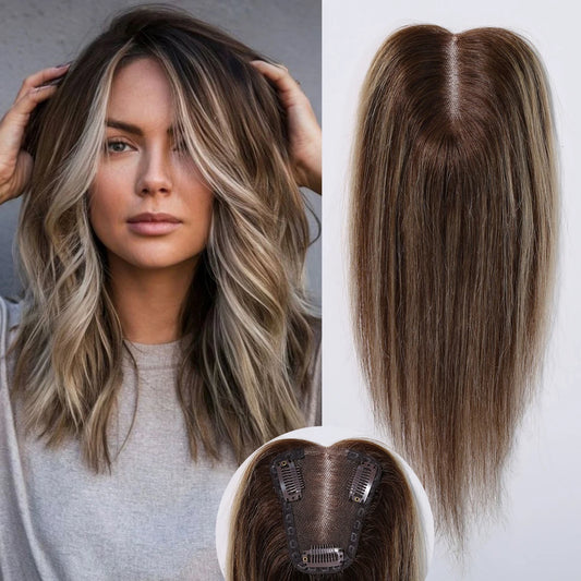 Brown Mixed Blonde Human Hair Topper – 12” Straight Lace Base Clip-In Hairpiece