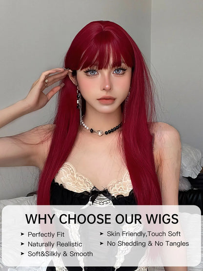 Wine Red Long Straight Wig with Bangs – Heat Resistant Synthetic Daily & Cosplay Wig