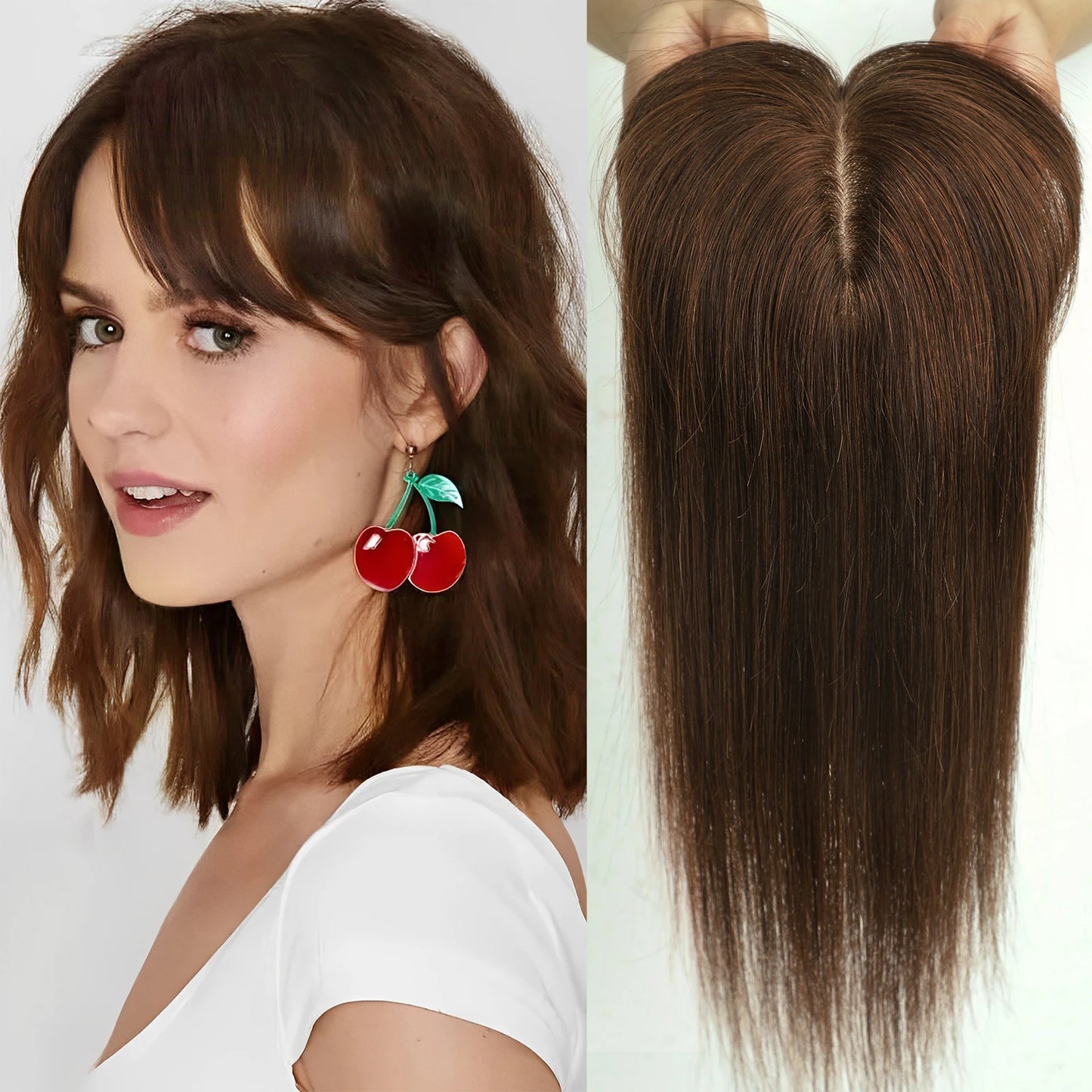 Light Brown Human Hair Topper with Bangs – 10" Silk Base Clip-In for Thinning Hair