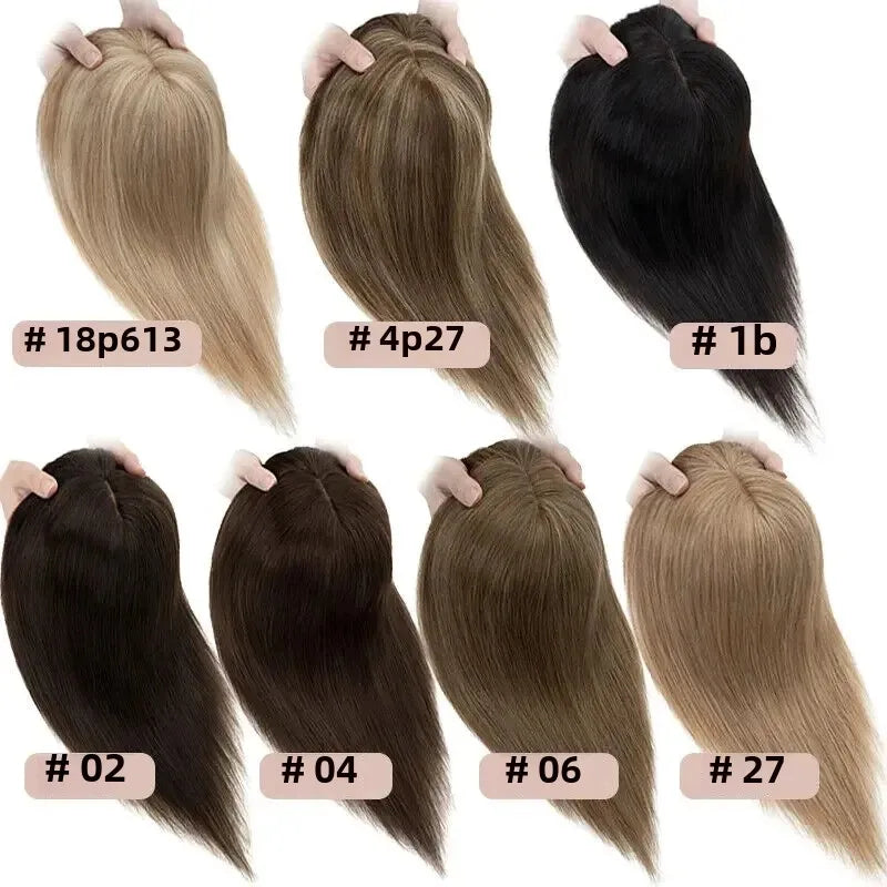 Silk Base Human Hair Topper with Bangs – 12 × 13 cm Remy Clip-In Crown Topper