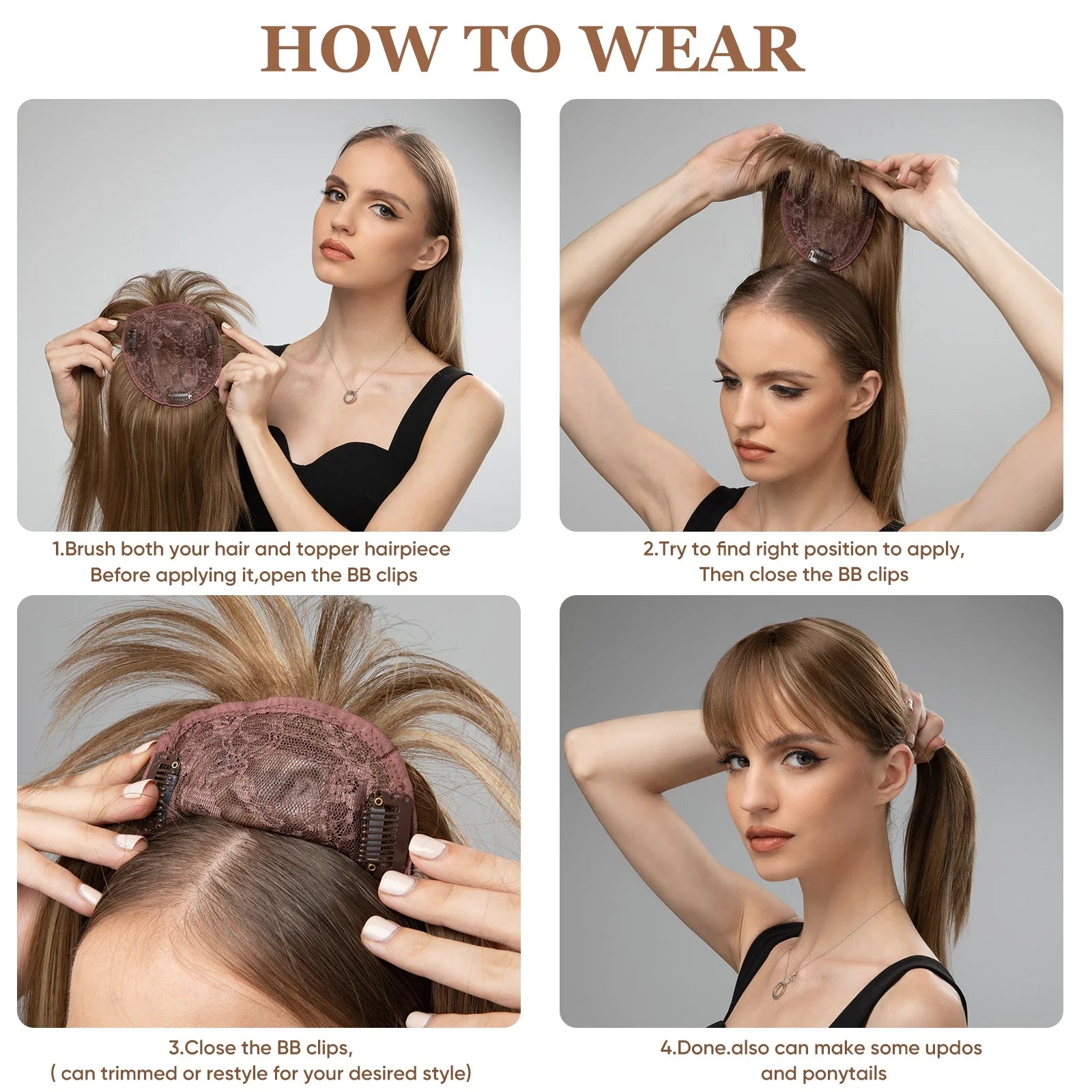 Natural-Look Hair Topper with Bangs – Medium-Length Clip-In Wig for Women (Straight, 120% Density)
