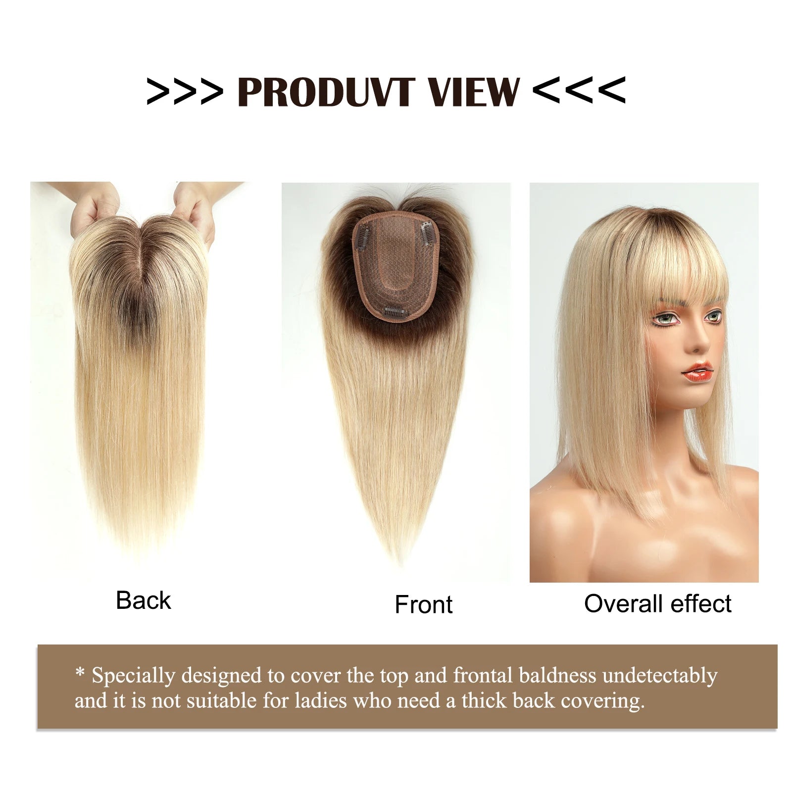 Ombre Blonde Human Hair Topper with Bangs | Remy Silk Base Clip-In Hair Topper for Volume & Hair Loss Coverage