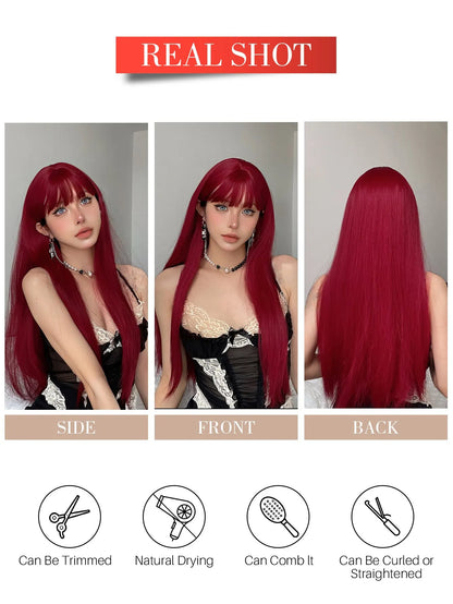 Wine Red Long Straight Wig with Bangs – Heat Resistant Synthetic Daily & Cosplay Wig