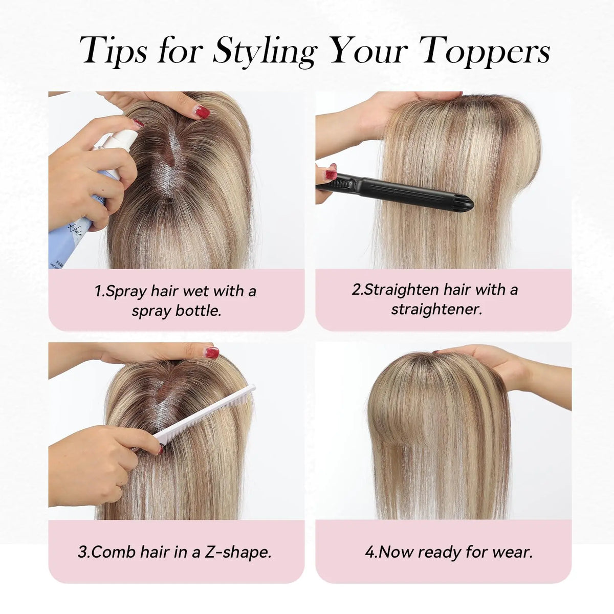 8” Remy Human Hair Topper with Air Bangs – Hand-Tied Lace Base 3-Clip