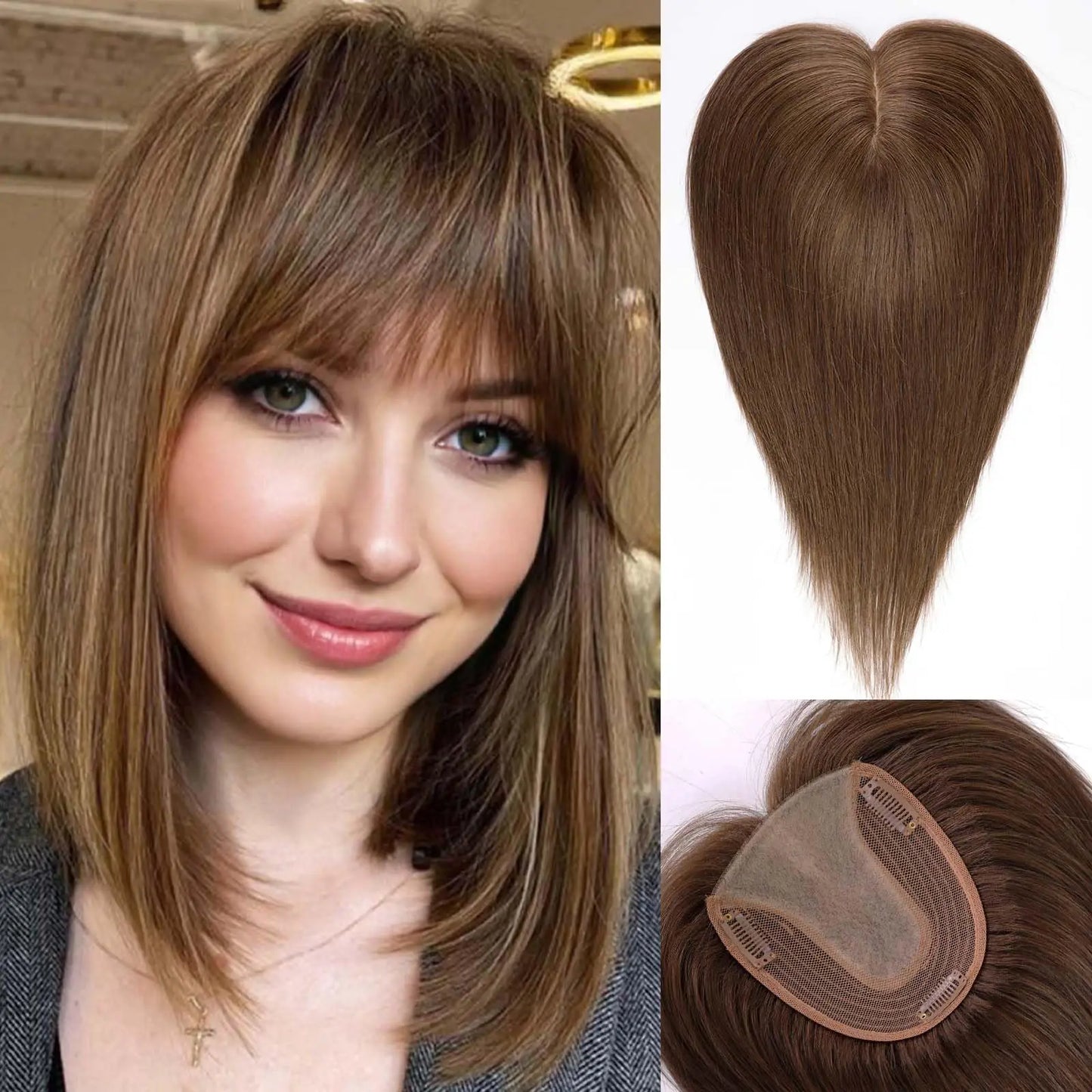Brown Mixed Blonde Silk Base Human Hair Topper with Bangs – 14”