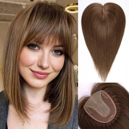 Brown Mixed Blonde Silk Base Human Hair Topper with Bangs – 14”