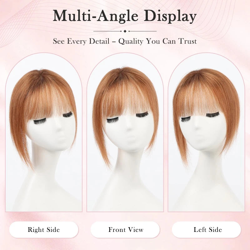8” Remy Human Hair Topper with Air Bangs – Hand-Tied Lace Base 3-Clip