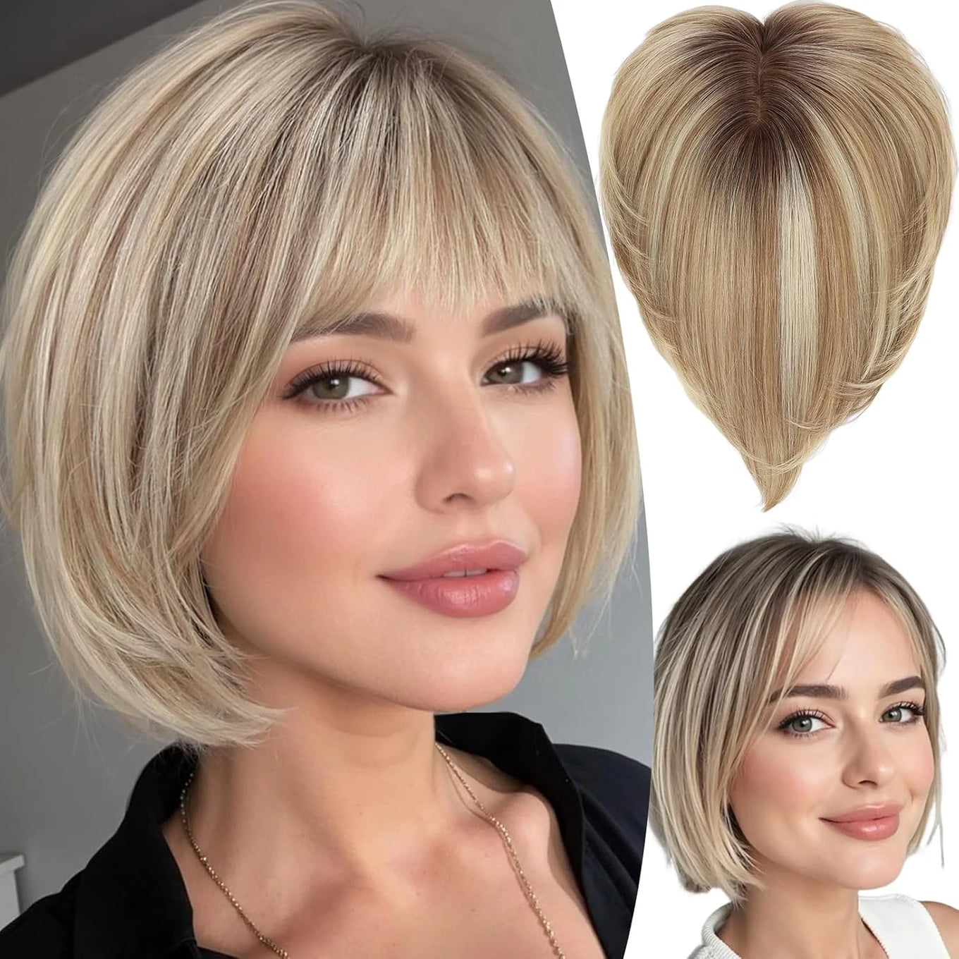 10” Human Hair Topper with Bangs – Silk Base Short Bob (6.5×6.5”)
