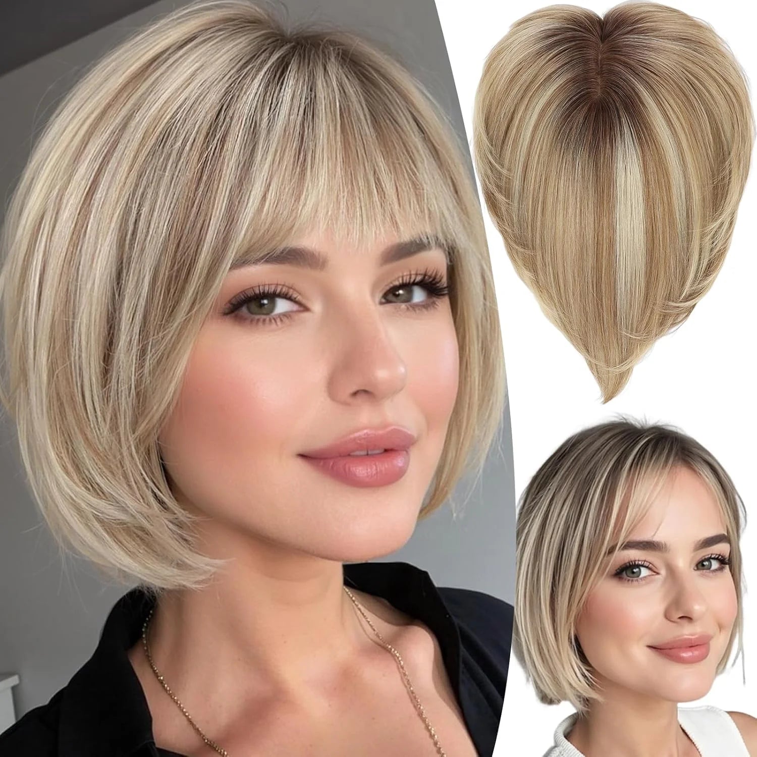 10” Human Hair Topper with Bangs – Silk Base Short Bob (6.5×6.5”)