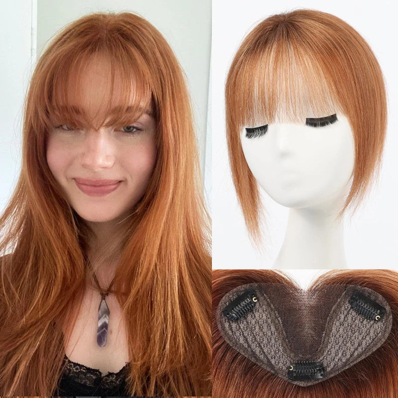 8” Remy Human Hair Topper with Air Bangs – Hand-Tied Lace Base 3-Clip