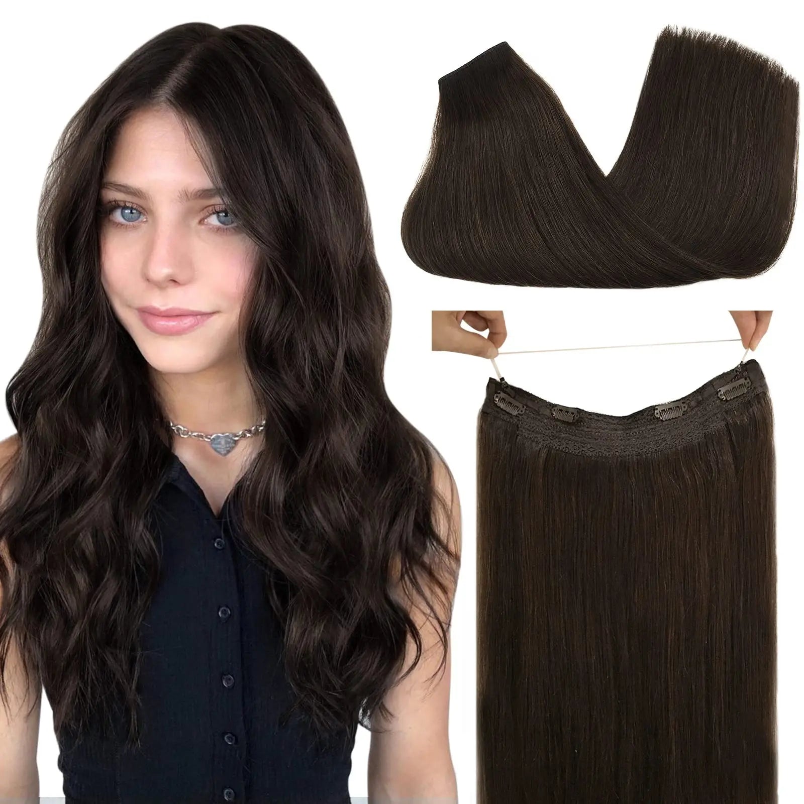 Human Hair Wire Extensions – Invisible Halo Clip-In Straight Remy Hair