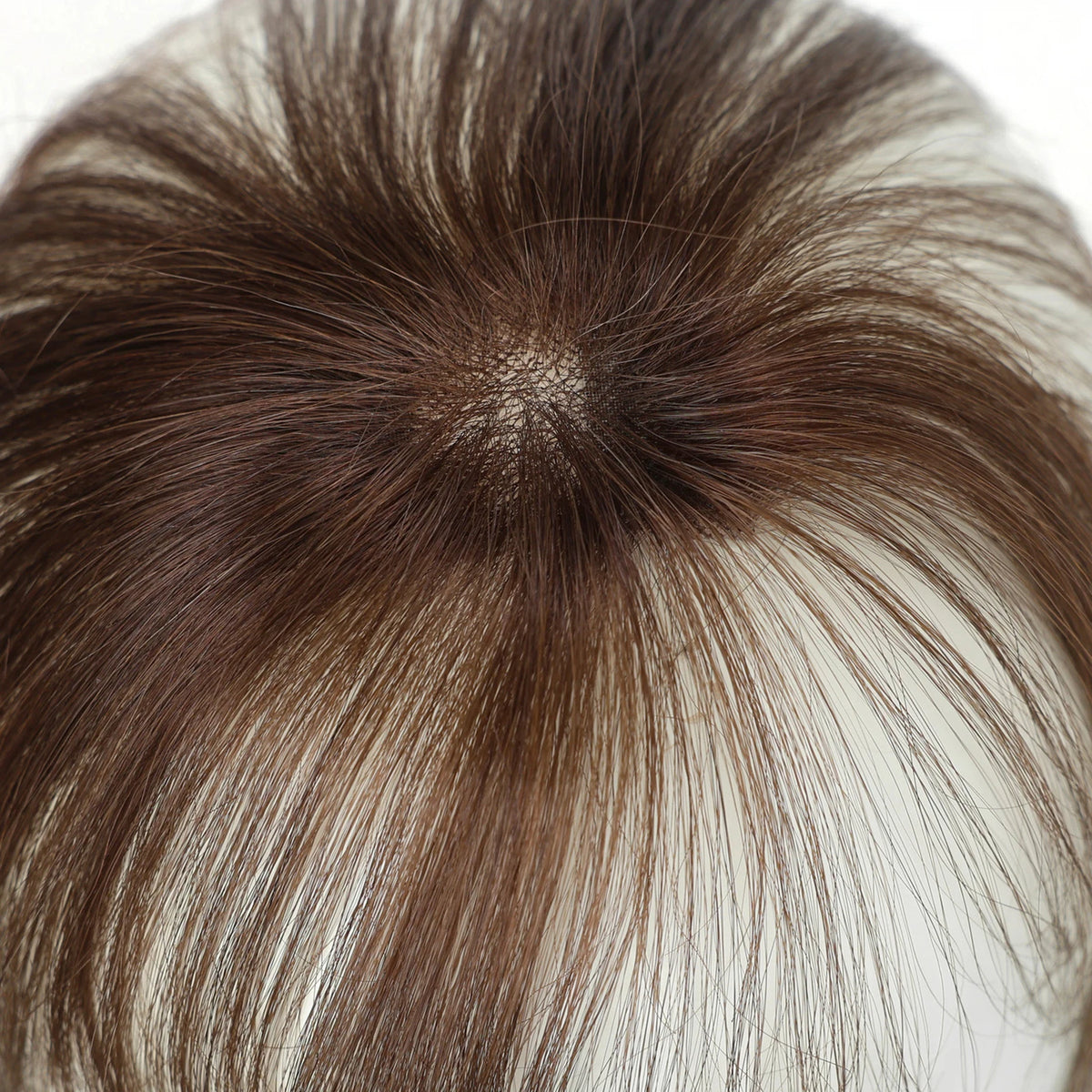 Warm chestnut brown fringe hairpiece top view showing hair parting