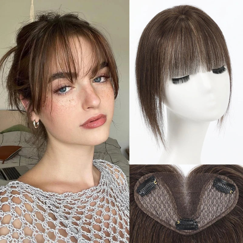 8” Remy Human Hair Topper with Air Bangs – Hand-Tied Lace Base 3-Clip