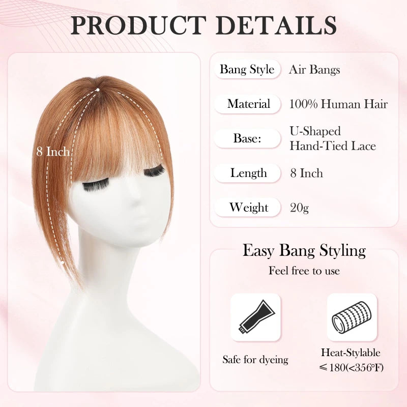 8” Remy Human Hair Topper with Air Bangs – Hand-Tied Lace Base 3-Clip