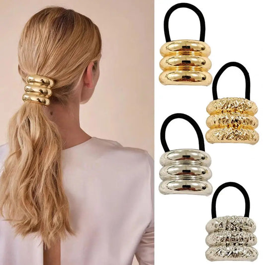 Gold Metal Hair Tie Cuff Set – 3/4-Piece High Elastic Ponytail Bands | Silkara™ Hair Accessories