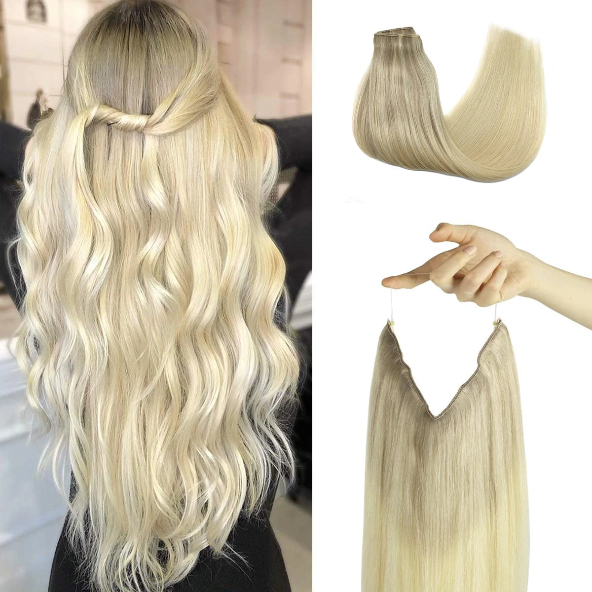 Human Hair Wire Extensions – Invisible Halo Clip-In Straight Remy Hair