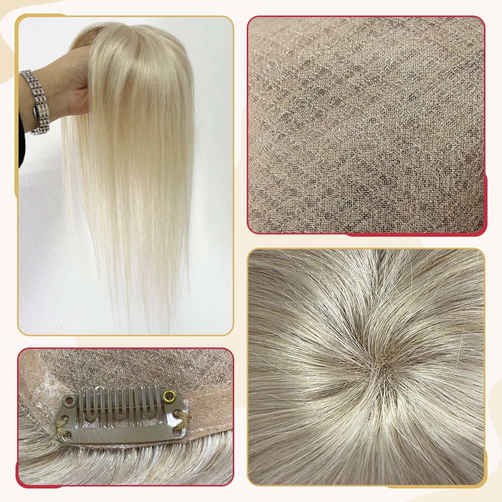 Straight Human Hair Topper – Remy Clip-In Hair Piece with Mono & PU Base