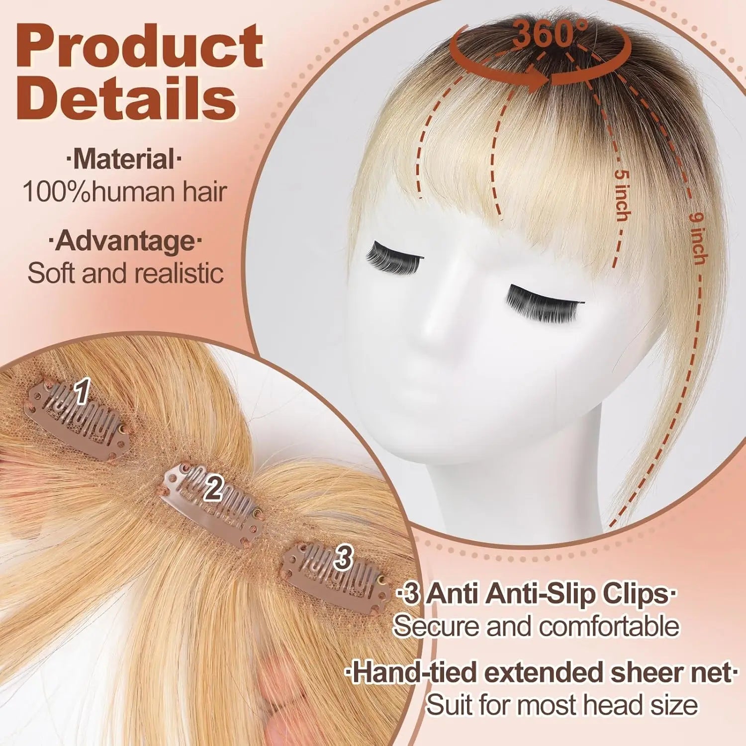 Clip-In Human Hair Bangs – Wispy Full Fringe with 3 Clips