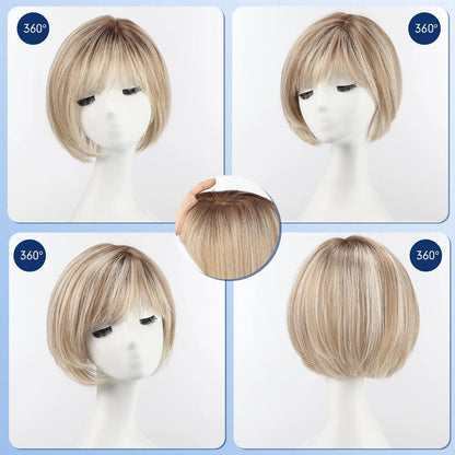 10” Human Hair Topper with Bangs – Silk Base Short Bob (6.5×6.5”)