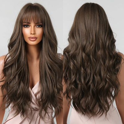 Brown Wavy Long Wig with Bangs – Heat Resistant Synthetic Daily & Cosplay Wig