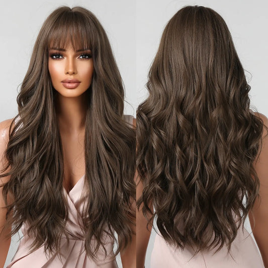 Brown Wavy Long Wig with Bangs – Heat Resistant Synthetic Daily & Cosplay Wig