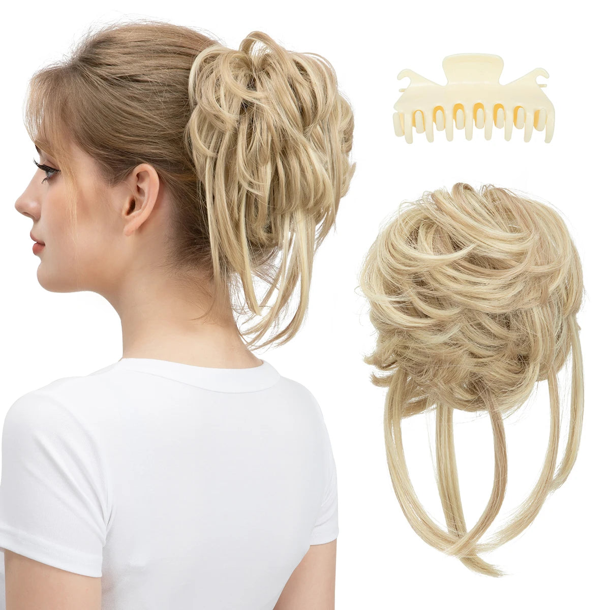 8.5-inch synthetic messy bun hairpiece in Dirty Blonde shade