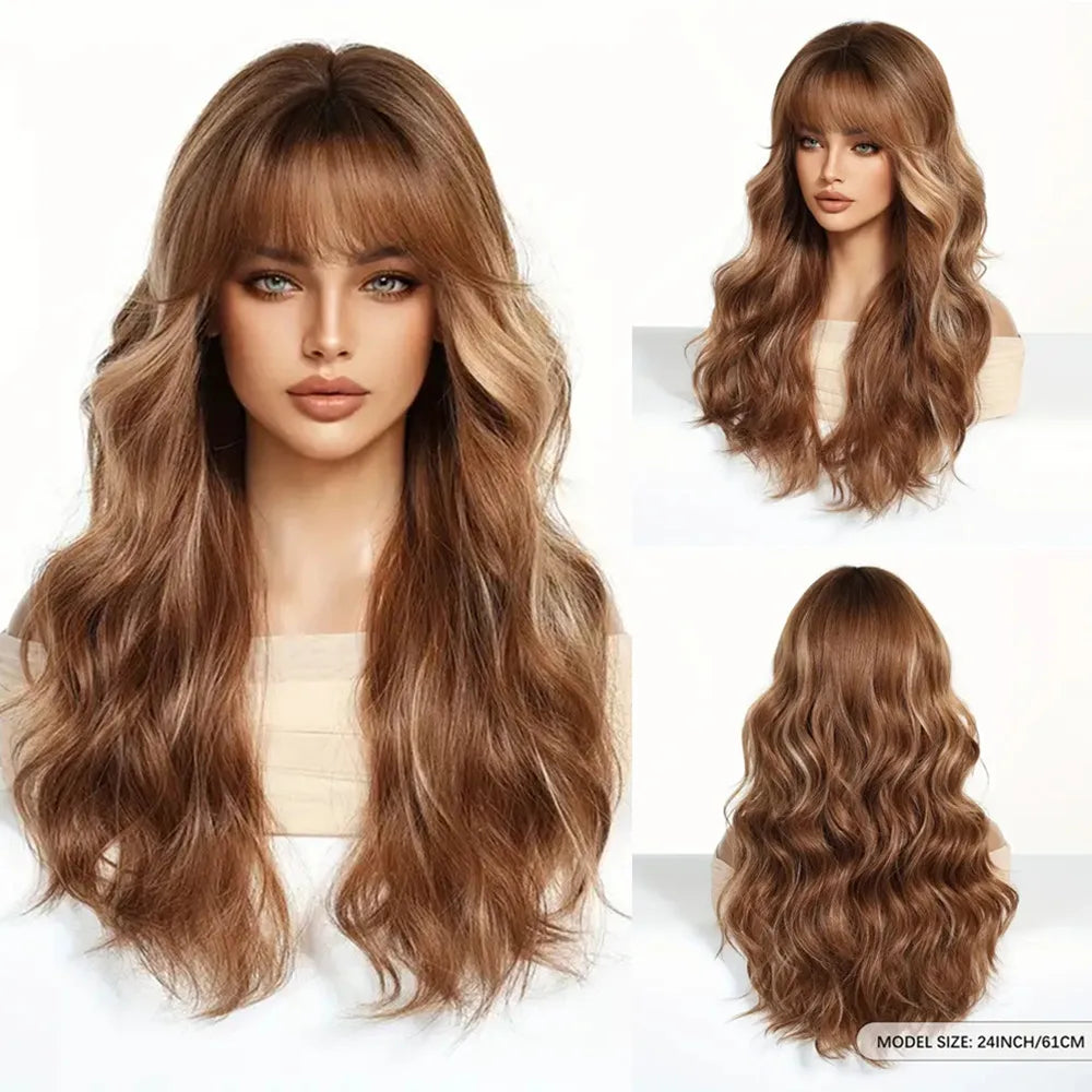 Brown Wavy Long Wig with Bangs – Heat Resistant Synthetic Daily & Cosplay Wig