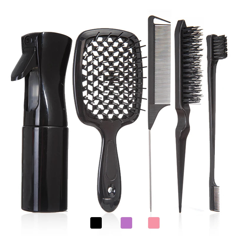 Detangling Hair Brush & Comb Set – Curved Brush, Rat Tail Comb & Edge Styling Tools