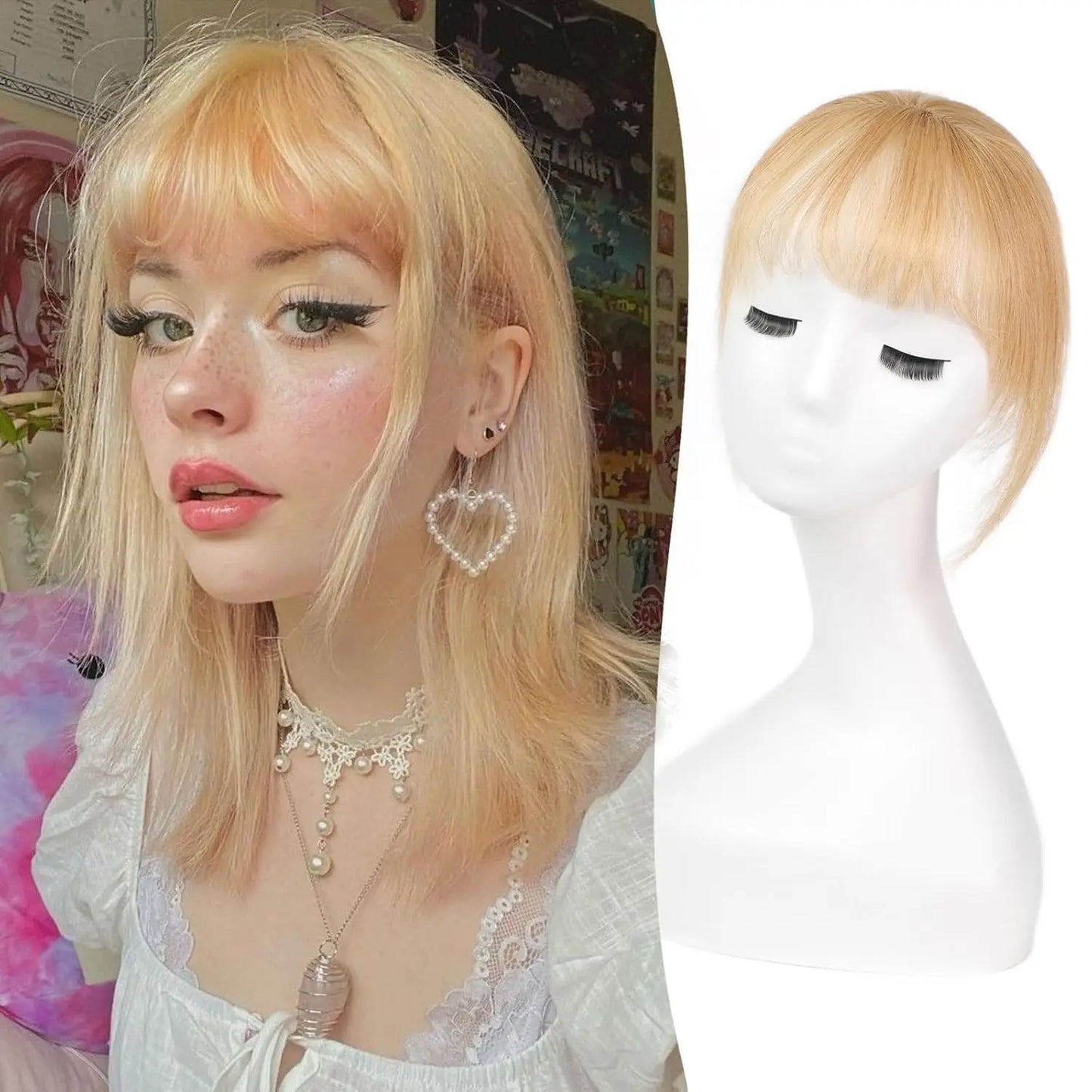 Ombre Brown to Blonde Clip-In Human Hair Bangs – Wispy Full Fringe with 3 Clips