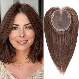 14” Blonde Mixed Brown Human Hair Topper – Swiss Silk Base, No Bangs, 60g Clip-In