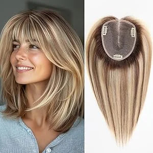 14” Blonde Mixed Brown Human Hair Topper – Swiss Silk Base, No Bangs, 60g Clip-In