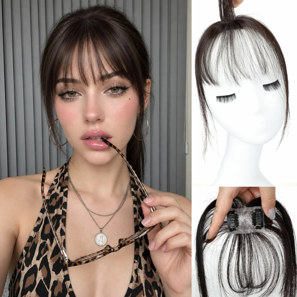 Dark chocolate brown clip-in fringe with model styling, detached hairpiece and two-clip base views