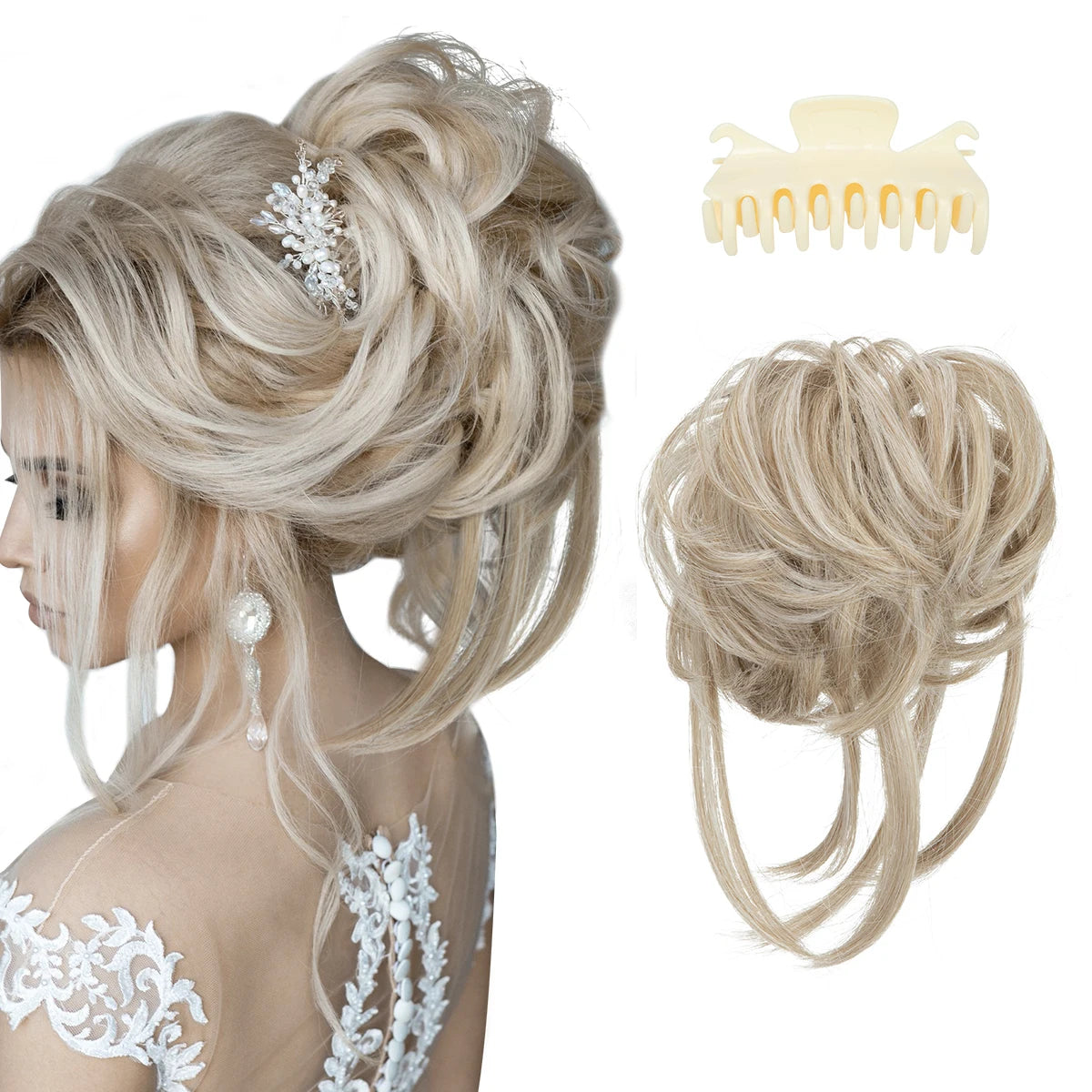 8.5-inch synthetic messy bun hairpiece in Ivory Grey shade