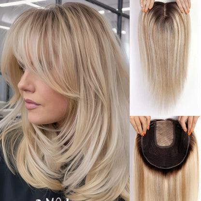 Ombre Light Blonde Human Hair Topper with Bangs – 16” Clip-In Straight Lace Base Topper
