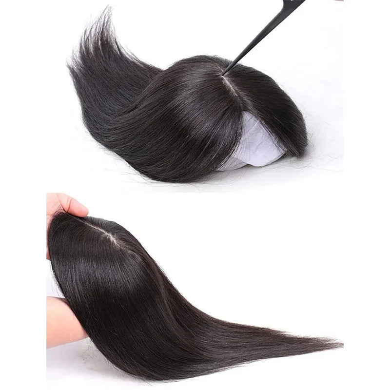 Silk Base Human Hair Topper with Bangs – 12 × 13 cm Remy Clip-In Crown Topper