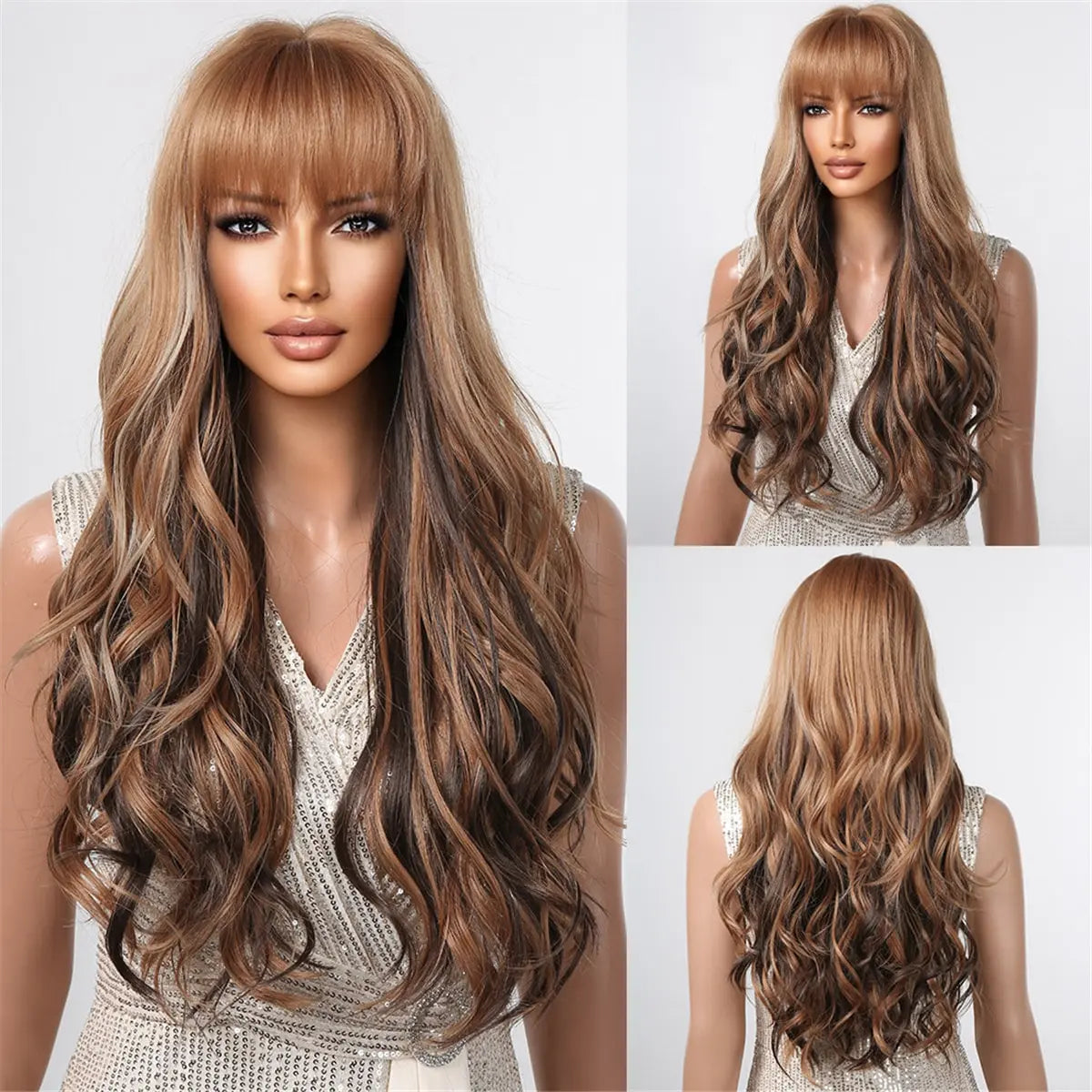 Brown Wavy Long Wig with Bangs – Heat Resistant Synthetic Daily & Cosplay Wig