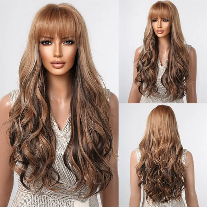 Brown Wavy Long Wig with Bangs – Heat Resistant Synthetic Daily & Cosplay Wig