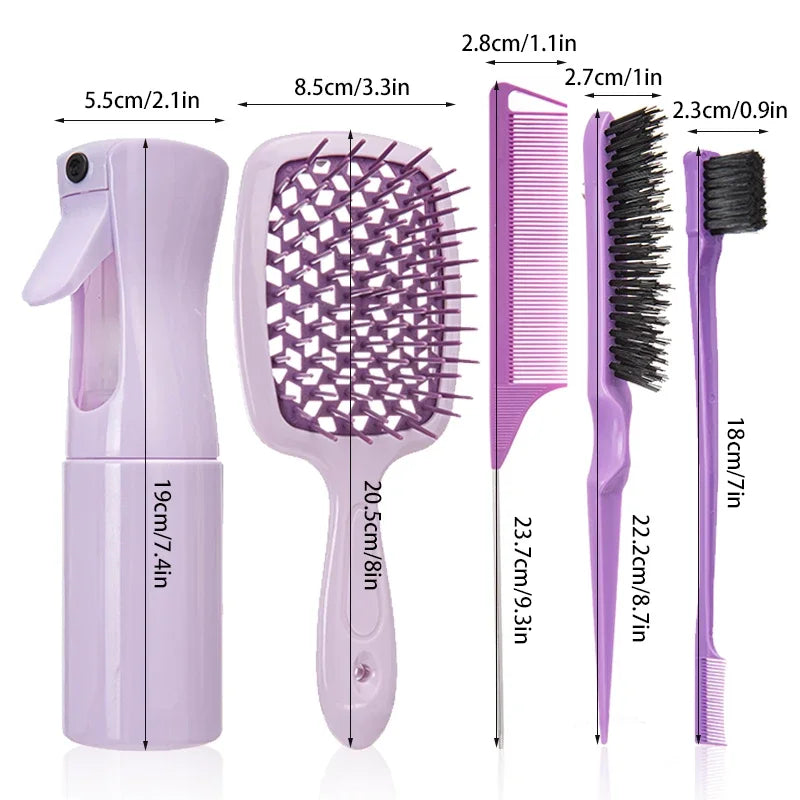 Detangling Hair Brush & Comb Set – Curved Brush, Rat Tail Comb & Edge Styling Tools