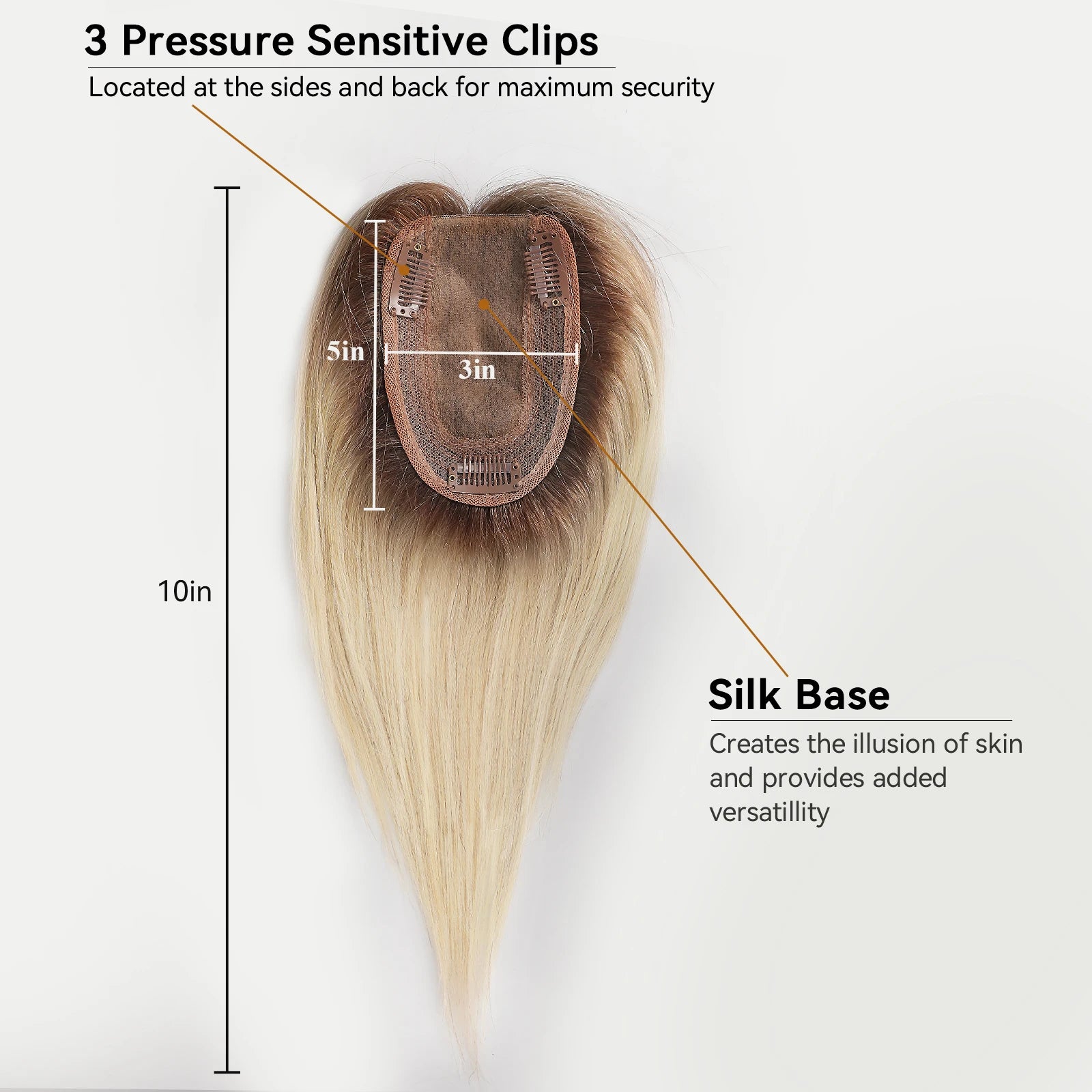 Ombre Blonde Human Hair Topper with Bangs | Remy Silk Base Clip-In Hair Topper for Volume & Hair Loss Coverage