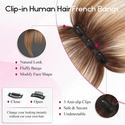 Ombre Brown to Blonde Clip-In Human Hair Bangs – Wispy Full Fringe with 3 Clips