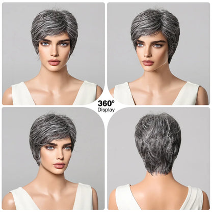Short Pixie Cut Grey Human Hair Wig – 8” Layered Blend Wig with Bangs for Women