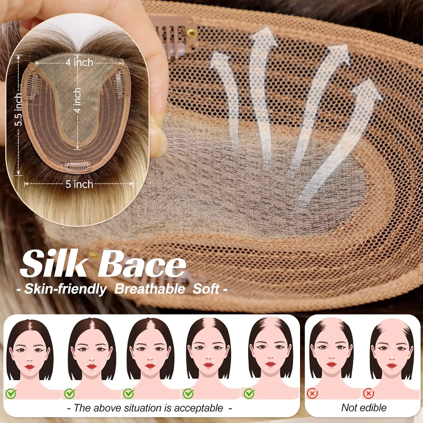 Brown Mixed Blonde Silk Base Human Hair Topper with Bangs – 14”